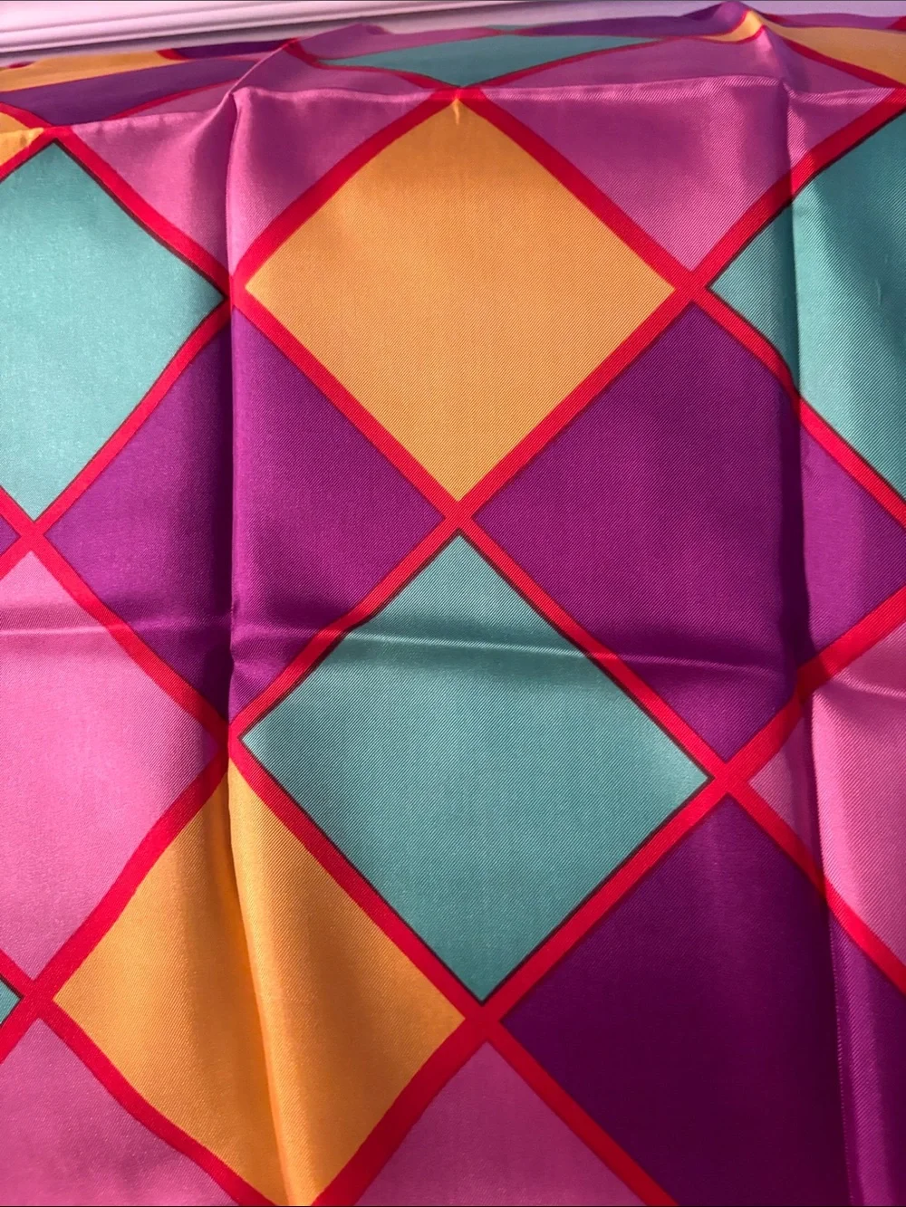 Vibrant Geometric Silk-Feel Scarf in Pink, Purple, Yellow & Teal